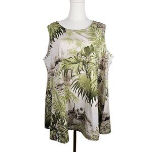 Bryn Walker XL Trapeze Tunic Top Cotton Sleeveless Tropical Green Tan Print